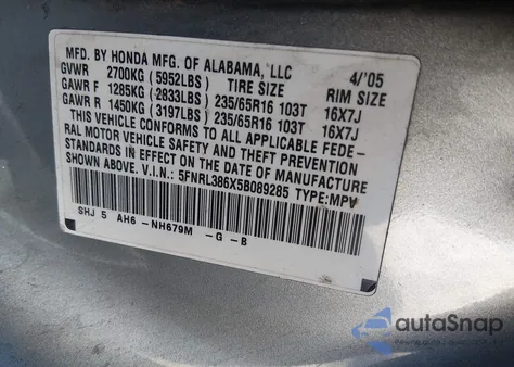 2005 Honda Odyssey Ex-L z USA, uszkodzony, nr VIN 5FNRL386X5B089285